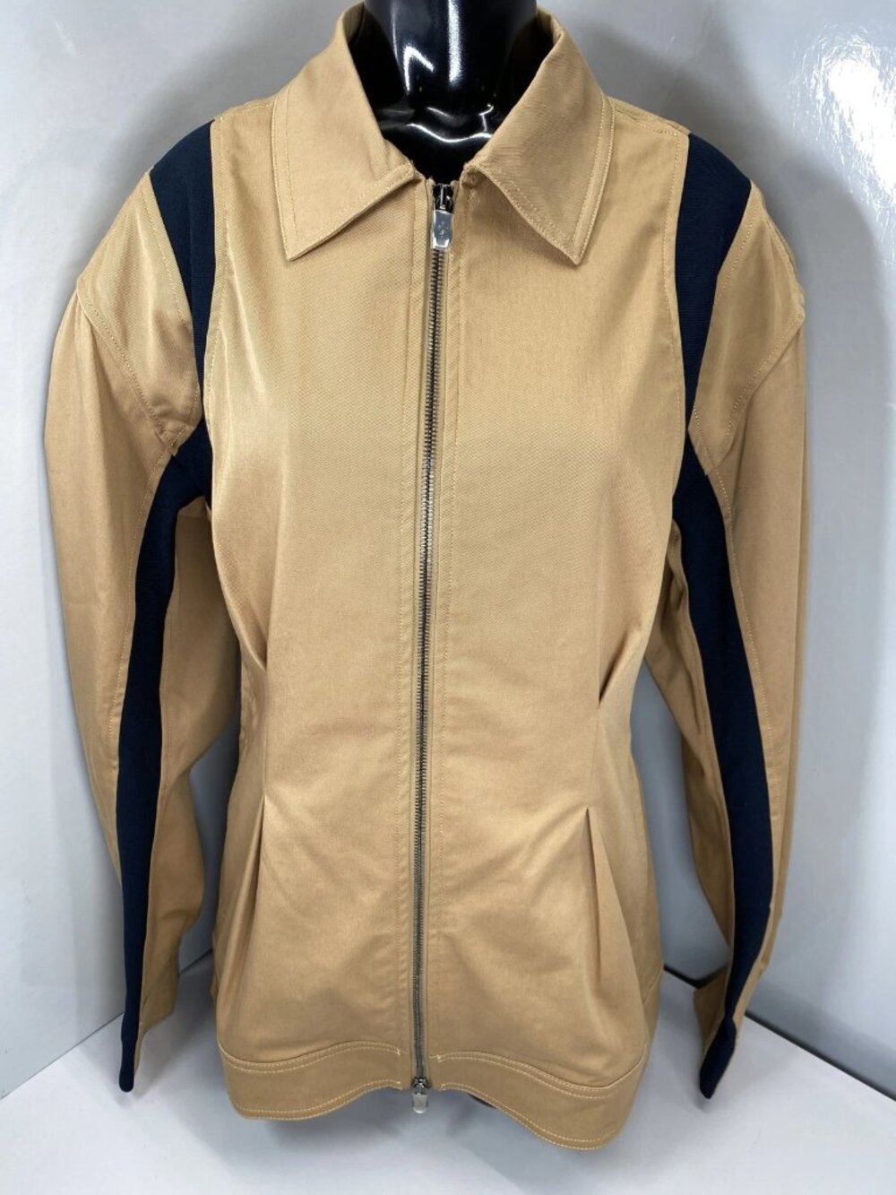 Ferrari Womens Jacket Golden Beige/Navy Size L Tape Organic Stretch Twill Zip Up